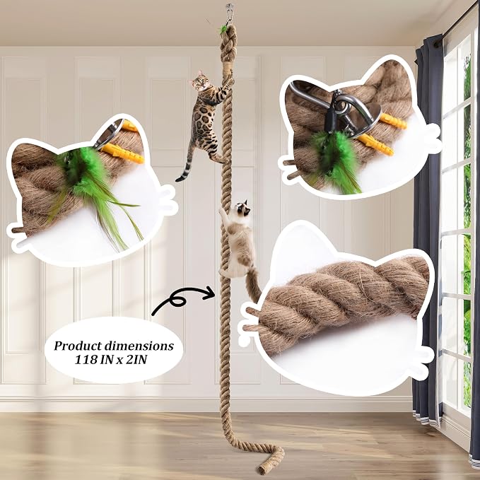 2" x 9.84Ft Cat Climbing Rope with Hook for Ceiling & Wall Mounted | Natural Sisal Rope for Cat Scratcher with Feather Toy for Indoor/Outdoor Cats, Durable Cat Tree Replacement Rope