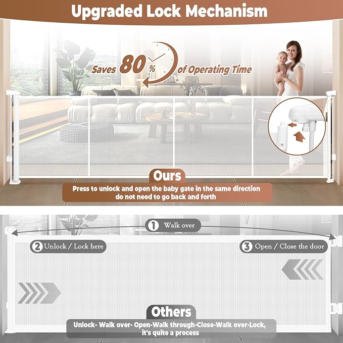 200.1" Retractable Baby Gate Extra Wide, 41" Tall Retractable Dog Gate for Stairs, Doorways, Decks, Mesh Gate Long Child Gate Pet Gate for Indoor, Outdoor, with Reinforced Mesh Rods, Dual Locks