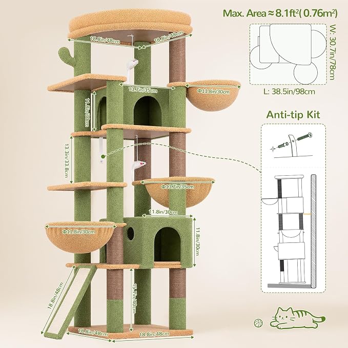 Globlazer Extra Large Cactus Cat Tree, 78 inch Sturdy Tall Cactus Cat Tree Tower for Indoor Multiple Large Adult Cats Kittens with 6 Scratching Posts, Enlarged Top Perch, 2 Padded Condos, S78G, Green
