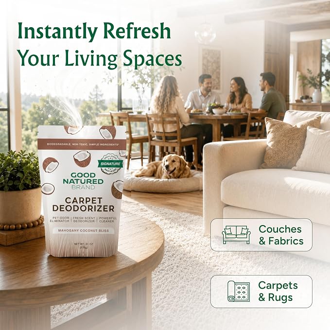 Good Natured Brand | Carpet Deodorizer & Freshener Powder | 31 oz Pet Odor Eliminator for Strong Odor & Pet Urine | Fresh Natural Mahogany Coconut Bliss Scent | Safe for Homes with Pets