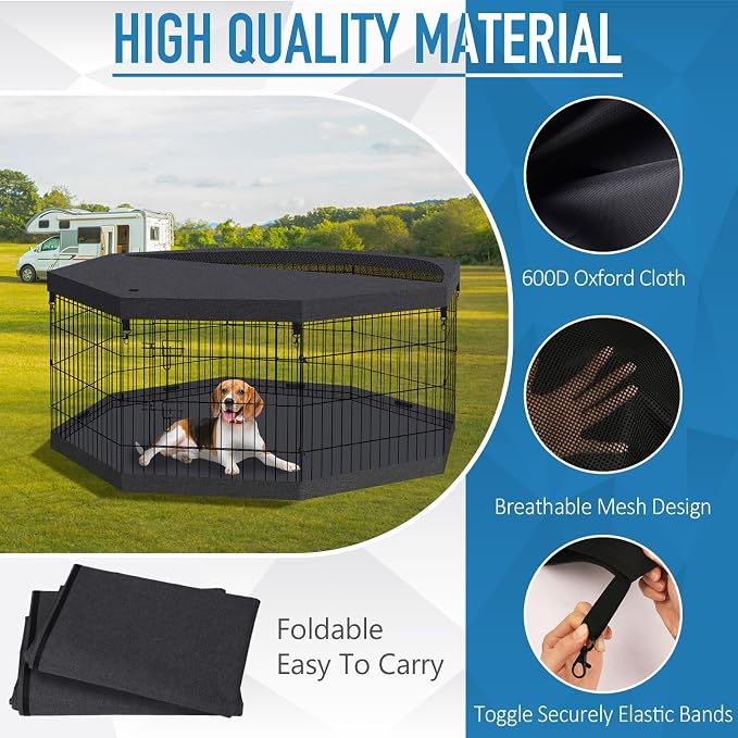 Peekaboo Dog Playpen 24" H 8-Panel with Top Cover & Bottom Pad, Black | 24 Inch 8 Panel Foldable Rustproof Metal Dog Playpen with Top Cover and Waterproof Bottom Pad