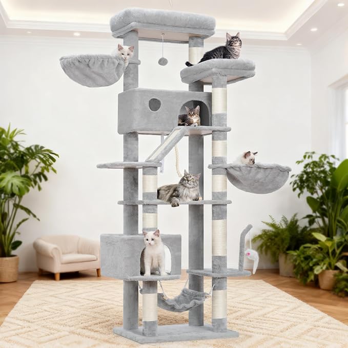 Gitelsnour Tall Cat Tree Tower for for Multiple Cats, Large Condo, GCT031W | 78.7"(200cm) Multi-level Scratching Post for Indoor Large Adult, 2 Condo, 4 Platforms, 3 Hammock, Sisal Rope, Toys Light Gray