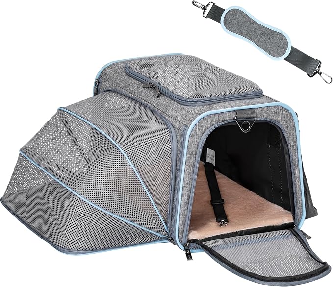 Petsfit Medium Expandable Cat Carrier for Air Travel, Up to 13 lb | 17 x 11 x 11 in; sized for Delta Air Lines, with locking zippers, a handy D-ring, large pocket and multi-side ventilation.