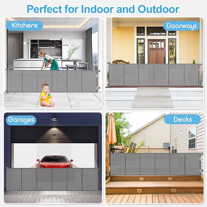 EZIGO 150 Inch Retractable Baby Gates Extra Wide Reinforced Baby Dog Gate | 34 Inch Tall Retractable Dog Gate with Reinforced Strip Mesh Safety Pet Gate for Stairs Hallway Doorway Indoor Outdoor, Gray