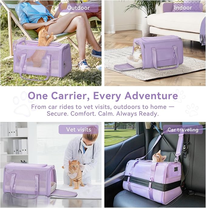PETSFIT Cat Carrier Soft with Patented Safety Buckles, Safe for Car Travel | Lockable Zippers, Safety Tether, Escape-Resistant Pet Carrier for Vet Visits, Airline Approved Under-Seat, Up to 12 lbs