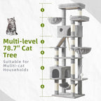 Gitelsnour Tall Cat Tree Tower for for Multiple Cats, Large Condo, GCT031W | 78.7"(200cm) Multi-level Scratching Post for Indoor Large Adult, 2 Condo, 4 Platforms, 3 Hammock, Sisal Rope, Toys Light Gray