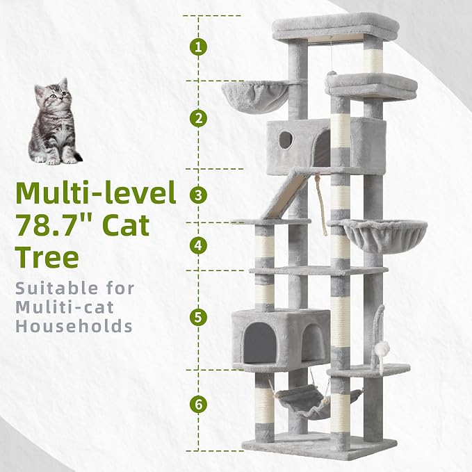 Gitelsnour Tall Cat Tree Tower for for Multiple Cats, Large Condo, GCT031W | 78.7"(200cm) Multi-level Scratching Post for Indoor Large Adult, 2 Condo, 4 Platforms, 3 Hammock, Sisal Rope, Toys Light Gray