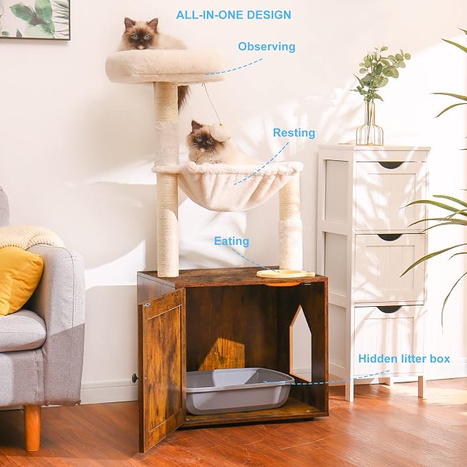 Hey-brother Cat Tree Tower, Litter Box Enclosure, Food Station, MPJ100SR | 47.24 Inches Wooden All-in-one Cat House, Large Hammock, Bed, Scratching Posts, Modern Style for Indoor Cats, Rustic Brown