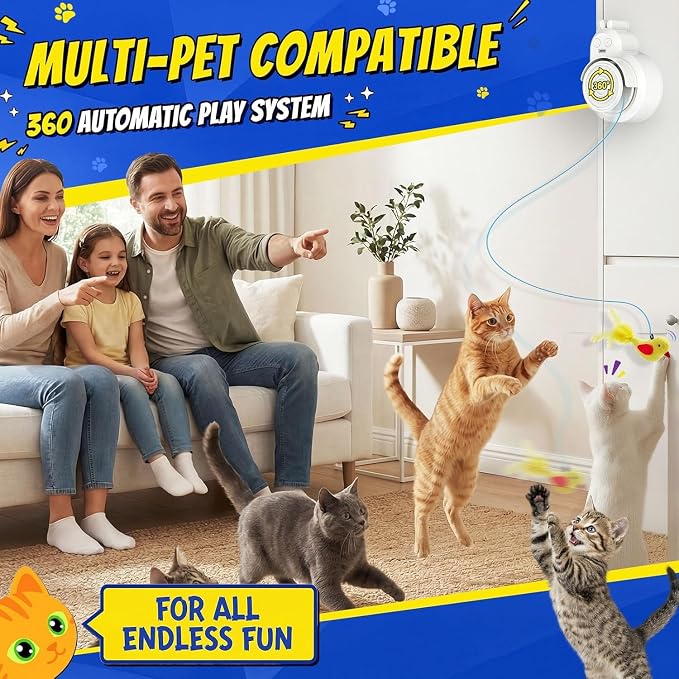 Interactive Cat Toys for Indoor Cats - Automatic Flying Bird Feather & Mouse Wand Enrichment Toy, Hands-Free or Handheld USB-Rechargeable Safe Play Chase Exercise for Bored Kittens and Adult Cats | Catpick toy Hanging Feather & Mouse Wand Toy for Exerc...