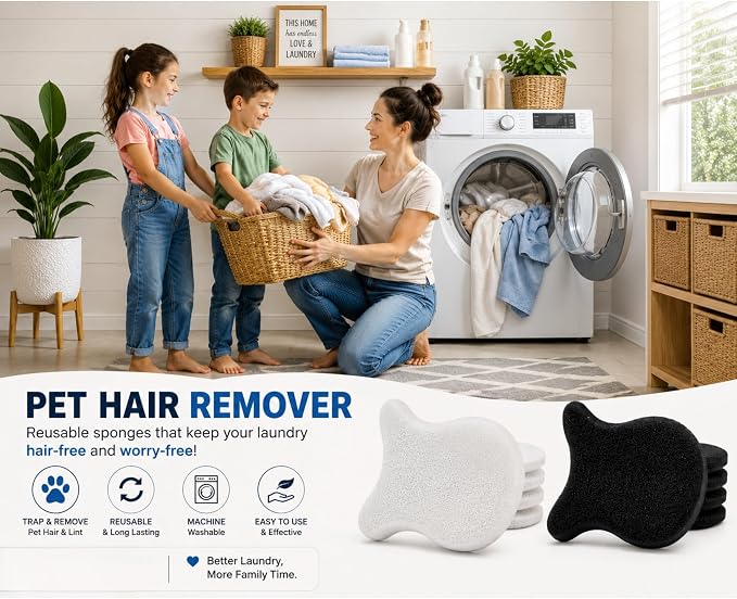 Pet Hair Remover for Laundry, 6 Reusable Laundry Sponges + Tearable Lint Roller, Pet Hair Remover for Clothes, Bedding, Furniture, Sofa, Car Seats, Dog & Cat Hair Remover