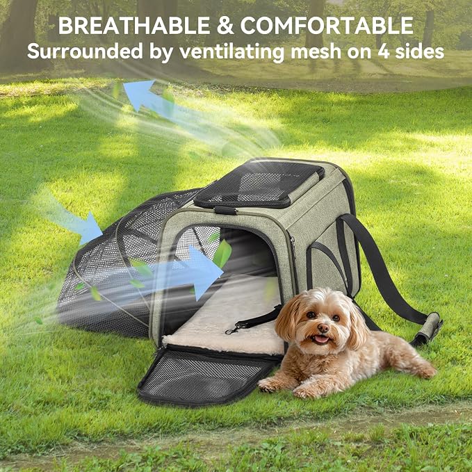 Petsfit Medium Expandable Cat Carrier for Air Travel, Up to 13 lb | 17 x 11 x 11 in; sized for Delta Air Lines, with locking zippers, a handy D-ring, large pocket and multi-side ventilation.