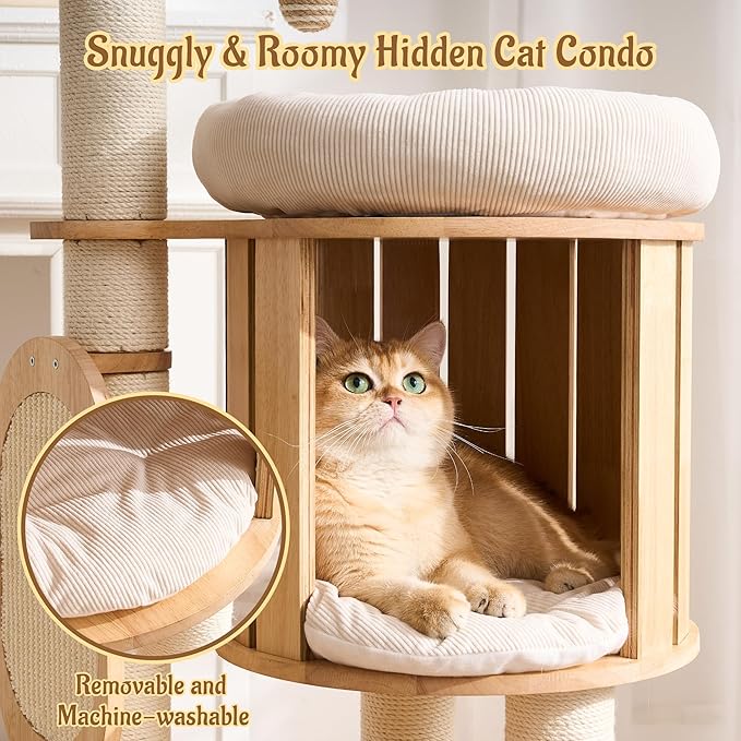 50" Modern Cat Tree for Indoor Cats Small to Medium, Solid Wood Cat Tower with Sisal Scratching Posts, Cat Scratcher Cardboard, Cozy Cat Beds & Hidden Cat Condo, Multi-Level Cat Furniture