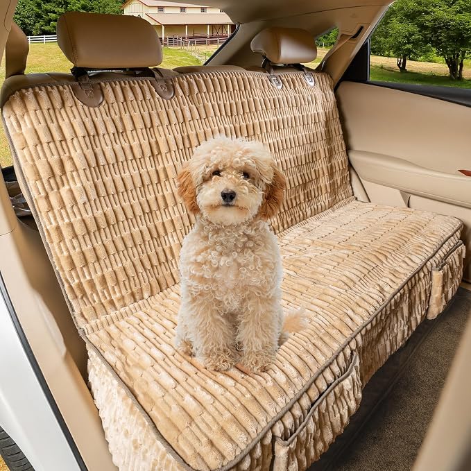 Dog Car Seat Cover, Soft Plush Waterproof Back Seat Protector, Tan | Non-Slip Backing, Full Bench Coverage, Hair, Dirt & Scratch Defense, Machine Washable, Fits Cars, SUVs & Trucks