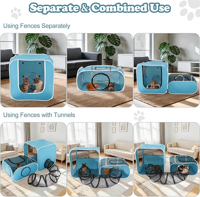 Cat Playpen, 3-in-1 Pop-up Outdoor Cat Enclosure, Blue | 2 Rooms & Tunnel, Breathable Mesh, Carry Bag, Interactive Toys, Multi-Entry Doors, Indoor & Outdoor Use for small pets