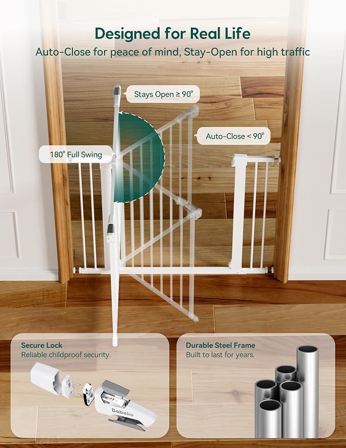 Babelio Pressure Mounted Baby Gate for Stairs, 26-40" Wide Dog Gate Indoor | Triple-lock system; Pressure/wall mount; Auto-close; 200N impact tested; Easy Install for Doorways, Kitchen, Hallway, White