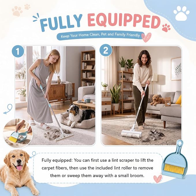 3 Pcs Pet Hair Removal Tool Adjustable Carpet rake & Lint Roller & Dustpan | 55'' Adjustable Long Handle Carpet Rake Large Lint Roller & Dustpan Pet Hair Remover for Rugs, Mats, Couch, Furniture