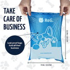 Reli. Biodegradable Dog Poop Bags Rolls (1200 Pack, 80 Rolls) | 9"x13" Poop Bags | Unscented, Leak Proof Oxobiodegradable Pet Waste Clean Up | Blue Eco-Friendly | 2 Leash Clip Holders Included
