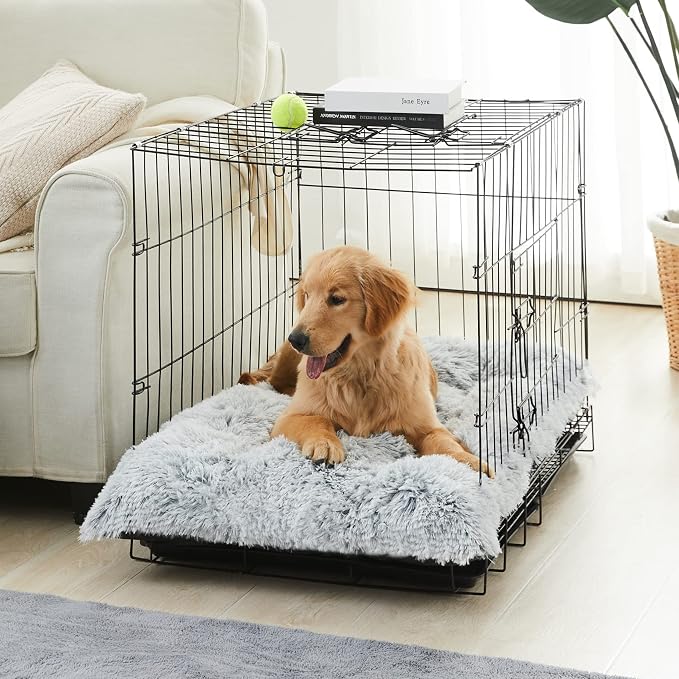 BFPETHOME Dog Beds for Large Dogs, Plush Dog Crate Bed Fluffy Cozy Kennel Pad for Sleeping &Ease Anxiety, Washable Pet Mats with Anti-Slip Bottom for Large Medium Dogs, Pet Bed Grey