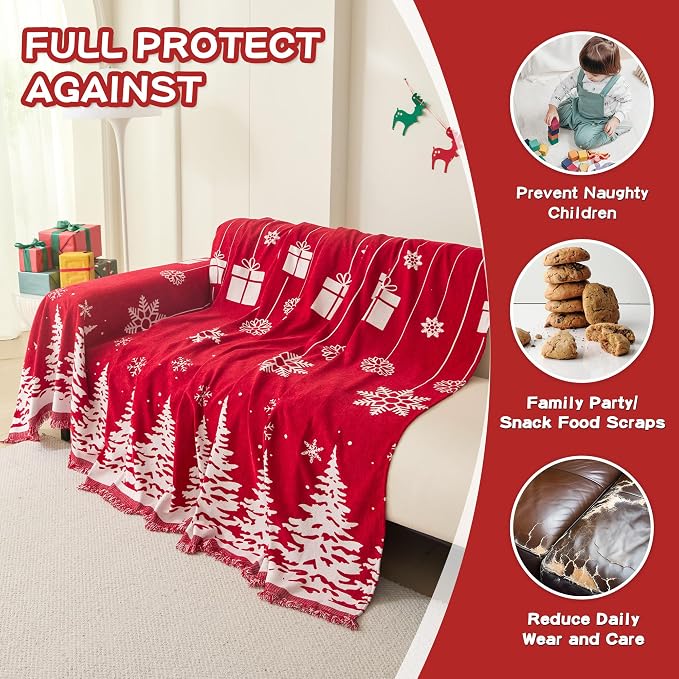 Christmas Couch Cover for Sectional Sofa, Chenille Loveseat Red Sofa Covers Washable for Pet Friendly Cedar Decorative Couch Covers, 71" x 102"