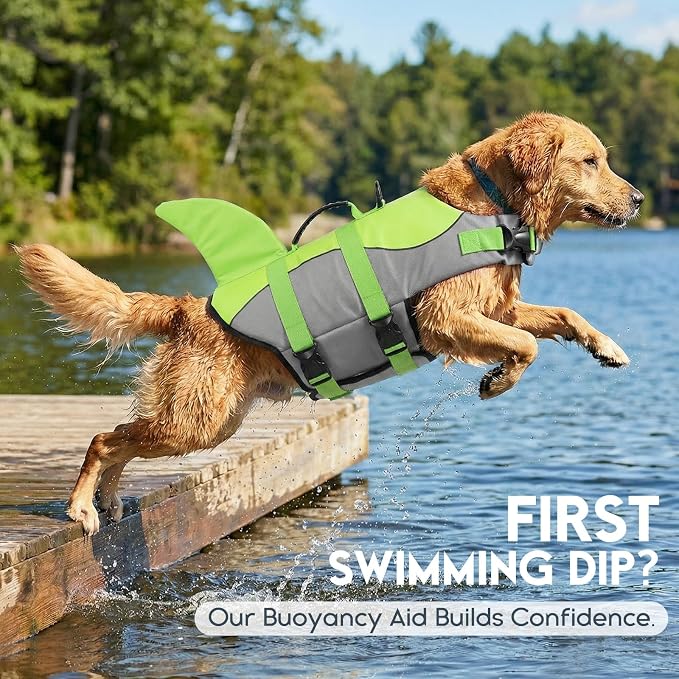 ASENKU Dog Life Jacket - Pet Safety Vest for Swimming & Boating, Shark Life Jacket with Floatation, Dog Lifesavers Swimsuits for Small Medium Large Dogs (Green, XL)