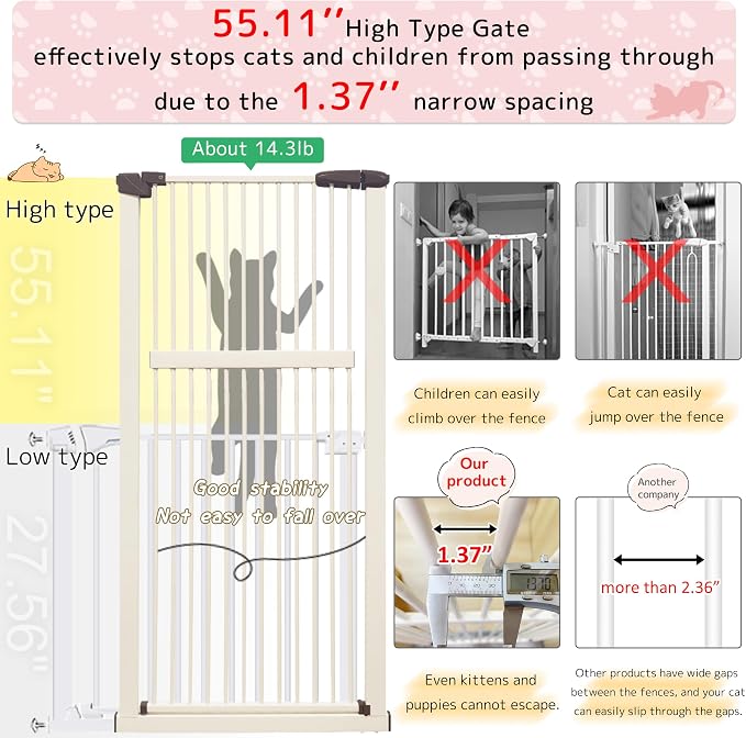 Lumizone 55.12" Extra Tall Pet Gate for Cat Dog 63.39"-67.90" Wide Cream | Extra Tall Cat Gate for Doorway Hallway Stairs Pressure Mounted 1.37" Gap No Drilling Auto-Close Dual-Lock