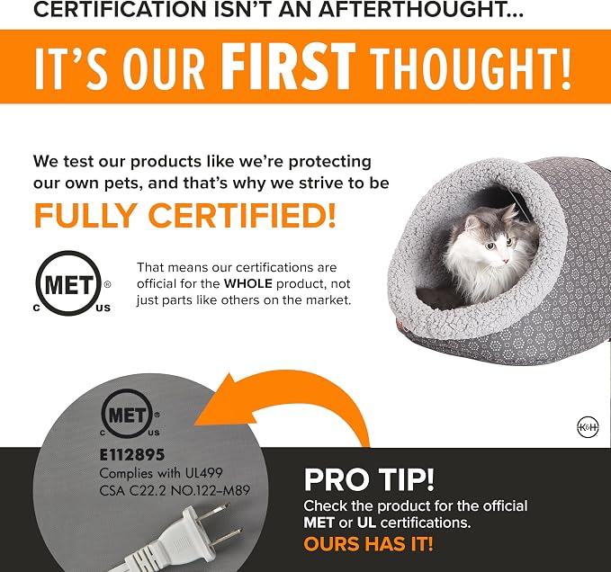 K&H Heated Cat Bed, Thermo-Pet Cave Indoor, Safety Listed, 4W, Gray | Removable Waterproof Cat Heating Pad, Heated Pet Bed for Dogs & Cats, Covered Cave Pet Tent, Collapsible, Machine Washable