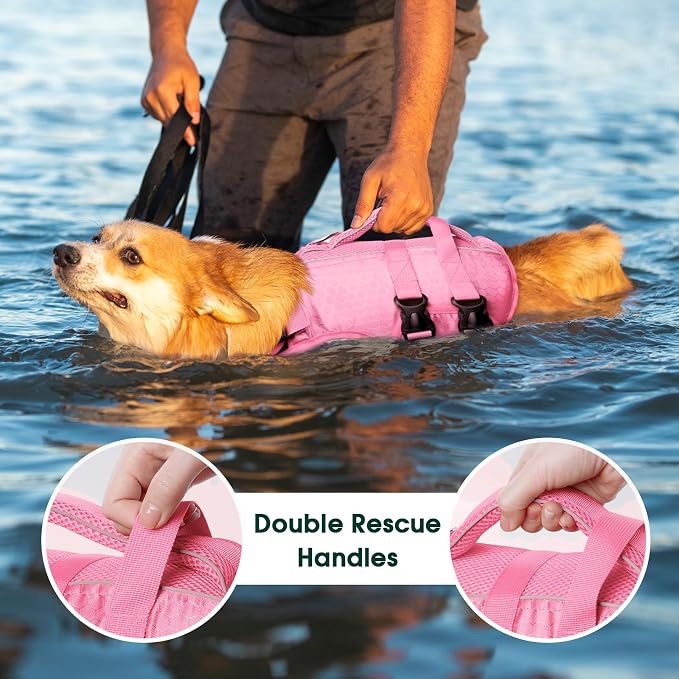 Kuoser Dog Life Jacket, High Flotation Reflective Dog Life Vest, Pink, XXL | Adjustable Dog Lifejackets for Small Medium Large Dogs, Lifevest with Rescue Handle for Swimming, Boating, Lake, Beach & Pool