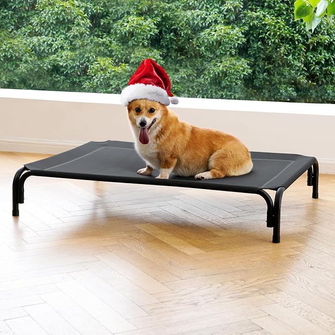 Elevated Dog Bed Raised Outdoor Dog Cot for Medium Dogs, Installation Requires No Tools, Frame with Washable Cooling Breathable Mesh Anti-Slip Feet, Indoor Pet Bed, Black, 35.4 Inches