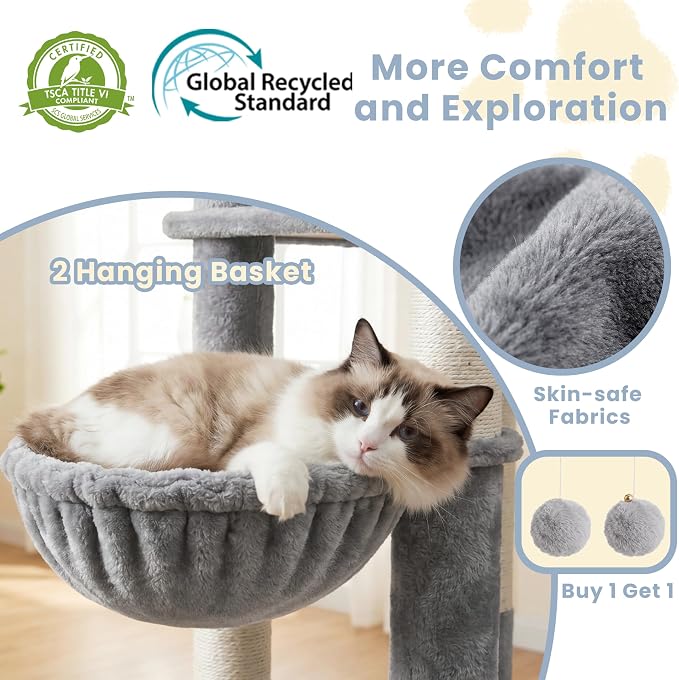 Cat Tree, 73-Inch Sturdy Corner Cat Tower for Large Cat VCT021W | Cat Furniture with Wide Top Perch, 2 Spacious Condos, 2 Cozy Baskets, 2 Scratching Boards & Interactive Toy, Light Gray