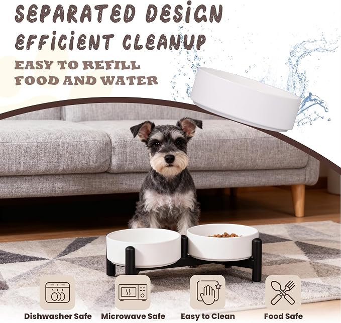Raised Ceramic Dog Bowl Set with Stand, 2.1 Cups Elevated Dog Food Stand | 6'' Double Dog Food and Water Bowl Set, Non-Slip Dog Feeding Dishes for Small Breeds and Cats, 14 OZ, White