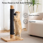 29" Tall Solid Wood Cat Scratching Post for Indoor Cats, Extra Stable Heavy Base, Natural Sisal Scratcher with Hanging Ball, Furniture Protector for Kittens & Adult Cats, Beige
