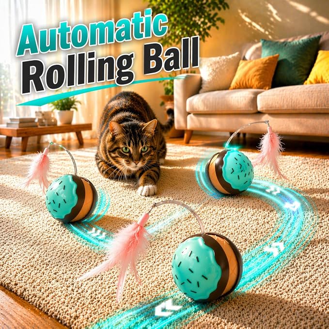 Interactive Cat Toys for Indoor Cats, Automatic Rechargeable Rolling Ball | Realistic Bird Chirping Sound, 6-Color Breathing Light Wand, Feather & Tail Attachments included, Large 3-Inch Ball Design