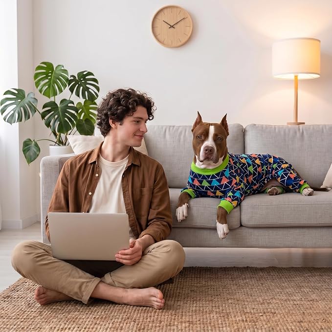 LovinPet Dog PJS Onesies for Large Dogs, Blue Triangle Print, Post Surgery Shirt, UV Protection, Pet Anxiety Relief, Wound Care Onesie for Large Dog,Medium