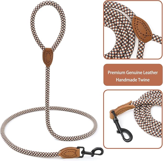 Mile High Life Dog Leash with Genuine Leather Connection, 6 FT/5 FT/4 FT | Rope Leash, Heavy Duty 360° Swivel Metal Clasp, for Small Medium & Large Dogs (Brown, 48 Inch)