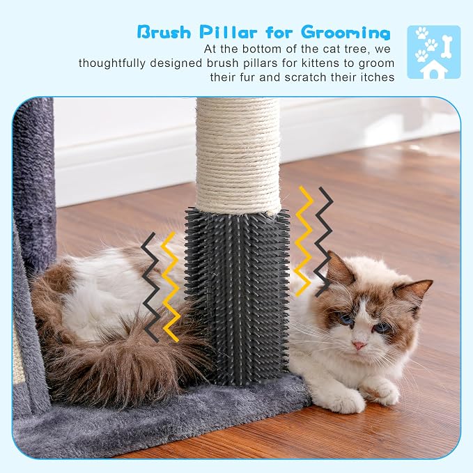 Hey-brother Cat Tree Tower, Adjustable Height, Floor to Ceiling, MPJ091G | 94.5-106.3 Inches Multi-Level Cat House, Scratching Posts, Plush Condo, Platform, Toy Ball for Indoor Big Cats, Smoky Gray