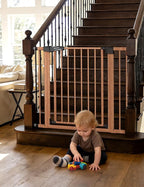 Babelio Pressure Mounted Baby Gate for Stairs, 29-48" Wide Dog Gate Indoor | Triple-lock system; Auto-close; 200N impact tested; Easy install for Doorways, Kitchen, Hallway, Brown Wood Pattern