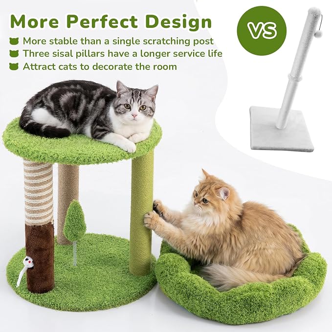 Woochpet 20" Small Cat Tree with 3 Scratching Posts and Perch Bed | Removable Washable Top Cover, Natural Sisal Rope, Compact Design, For Small Cats and Kittens