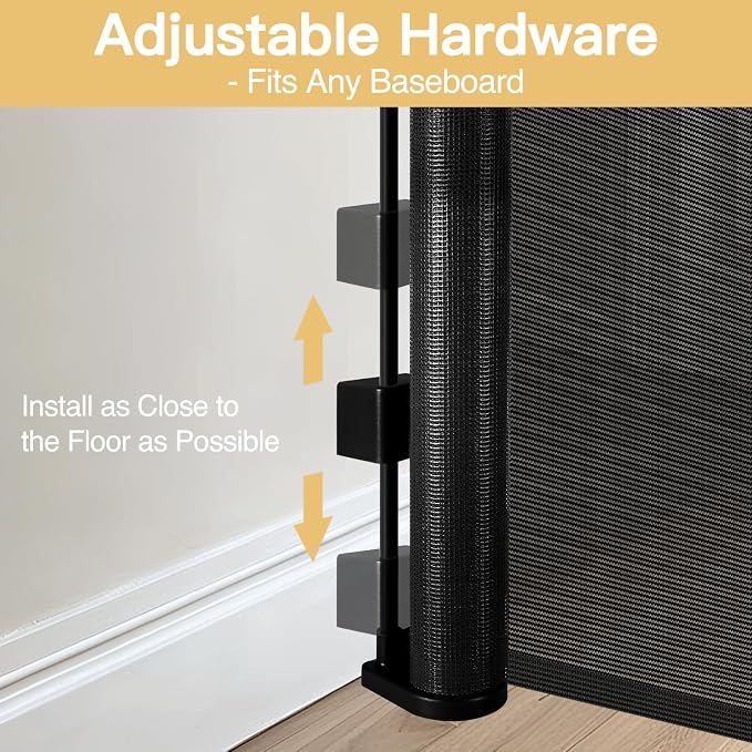 Reinforced 42" Tall Pet Gate 55" Wide Retractable Baby Gate, Indoor/Outdoor | Tall Retractable Dog Gate Prevents Crawling Under, One-Hand Operation Safety Lock, Scratch-Resistant Mesh, Easy Install/Black