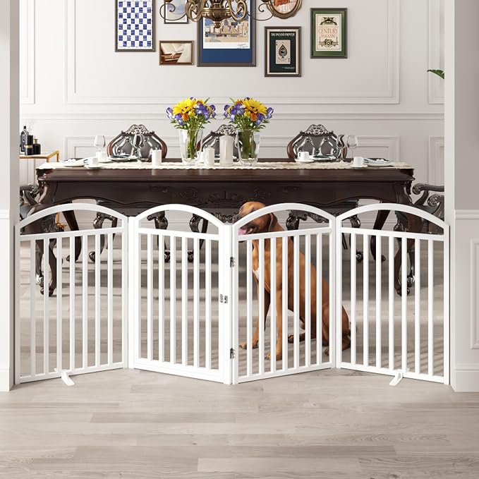 Foldable Pet Fence 80" Wide, 30" Tall,No-Assembly Dog Gate with Door,White | 4 Panels Metal Folding Freestanding Dog Gate Walk Through,Extra Accordion Puppy Folding Playpen for Doorways, Stairs,House