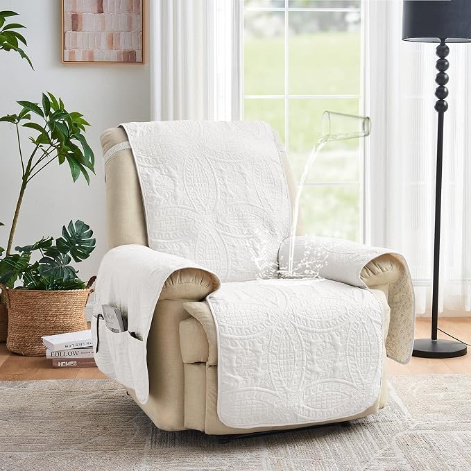Quilted Recliner Chair Covers, Soft Lazy Boy Chair Covers, Water-Repellent Recliner Covers, Pet Friendly Chair Cover for Dogs Cats, Washable Furniture Covers (Recliner 22", Arctic White)