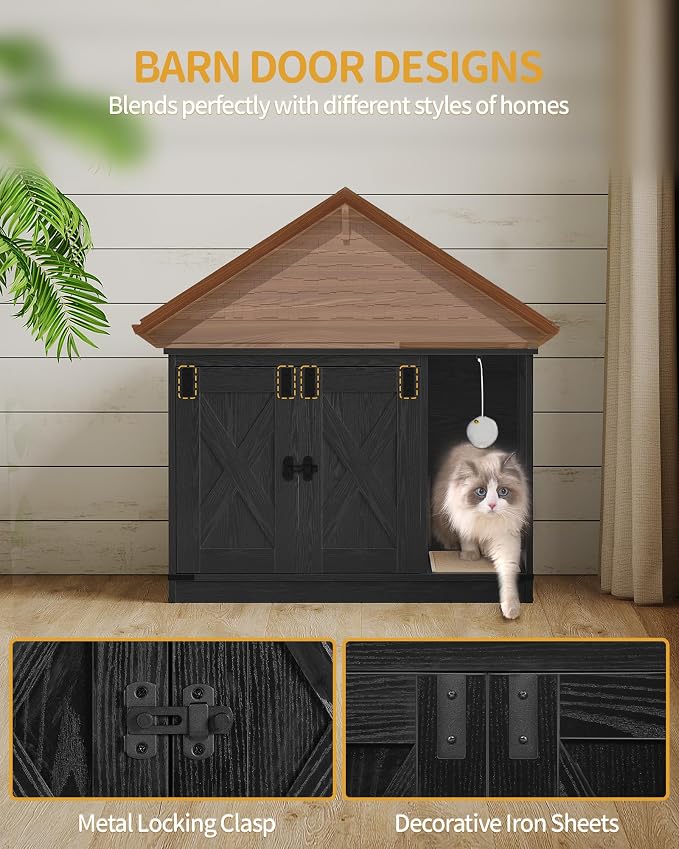 Hzuaneri Cat Litter Box Enclosure, Hidden Litter Box Cabinet Furniture | Indoor Cat House with Bell, Farmhouse Style, 31.5 x 19.7 x 20.9 Inches, for Hallway, Bedroom, Black CB82404X
