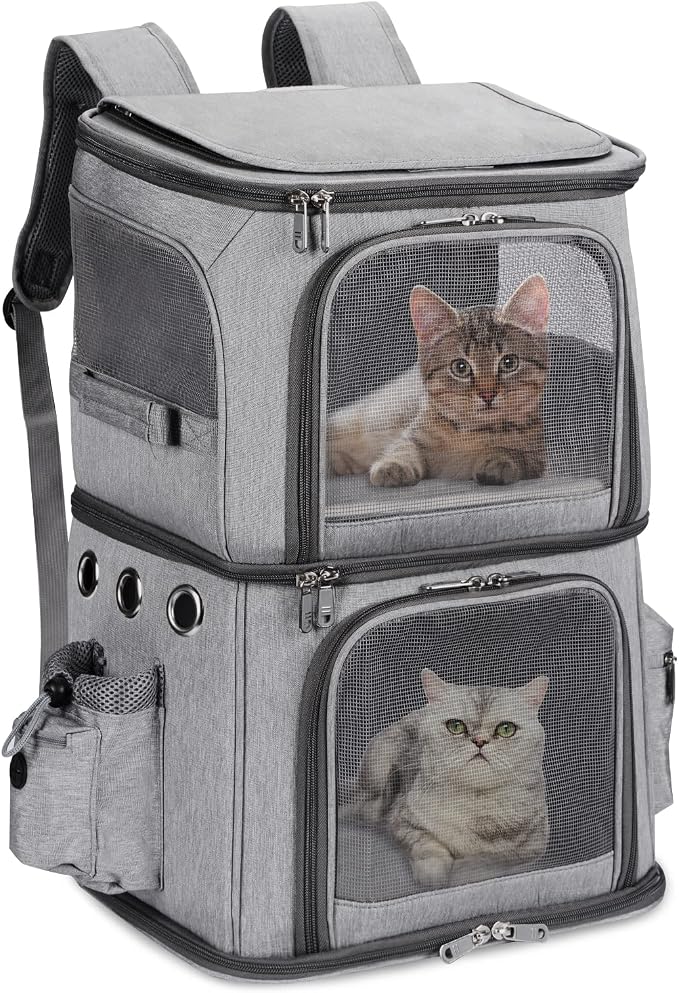 HOVONO Double-Compartment Cat Backpack Carrier for 2 Pets up to 18 lbs | 2-in-1 Pet Backpack Carrier for Small Cats & Dogs, Perfect for Traveling/Hiking /Camping/Vet Grey