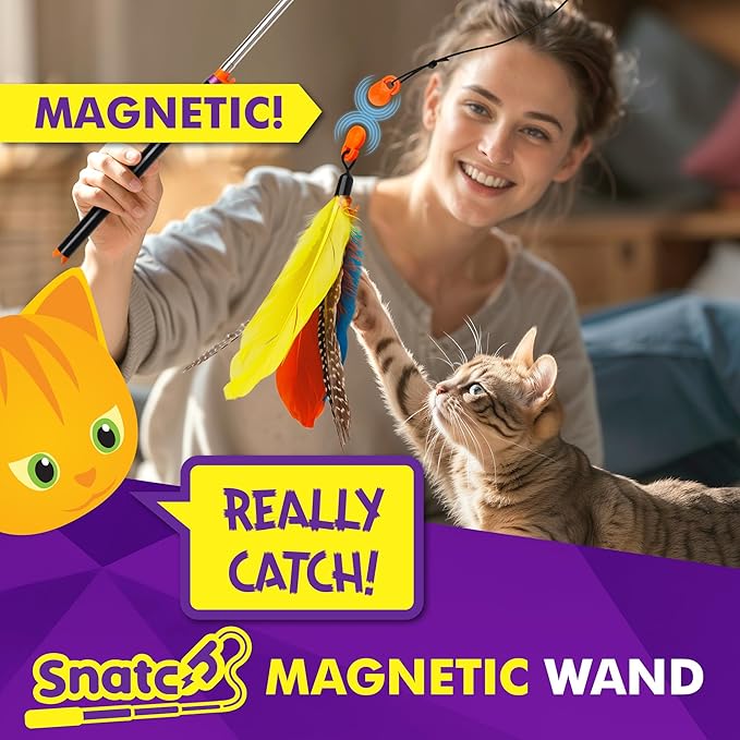 Cat Amazing Snatch - Magnetic Cat Wand Toy! Telescoping, Durable Feather Toy for Cats - Fishing Pole & Teaser Wand String Stick - Cats Can Really Catch!