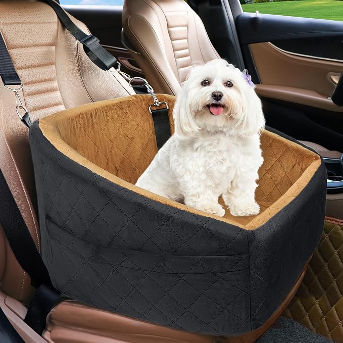 NEEZUKAR Dog Car Seat for Small Medium Dogs,Detachable Washable Dog Booster Seat Under 30lbs, Pet Car Seat Travel Bed with Storage Pockets and Dog Safety Belt(Black/Brown)