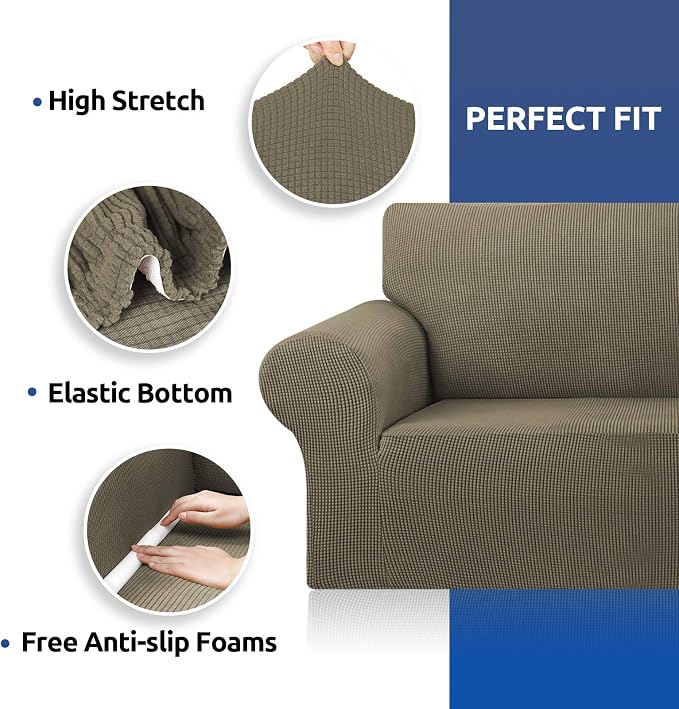Stretch Couch Covers for Sofa, 3 Cushion Couch Slipcover,Khaki | 1-Piece Washable Sofa Cover Pet Friendly(78"-94") Furniture Protector Soft Jacquard, Elastic Bottom for Dogs & Kids