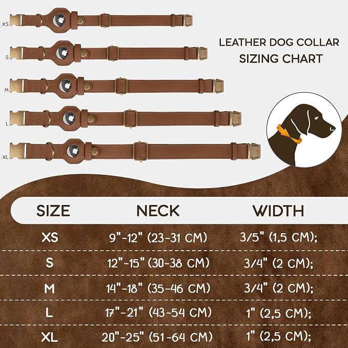 AirTag Dog Collar - Genuine Leather Dog Collar with Apple AirTag Holder and Metal Buckle - Smart GPS Tracking Pet Collars (Tawny, M, 14"-18" Neck Fit)
