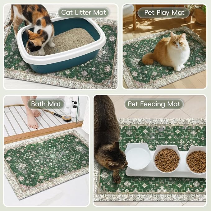 Cat Litter Mat Litter Trapping Mat, 33"x22" Waterproof Urine Proof Litter Box Mat Catcher Mat Non-Slip Washable for Kitty Kitten, Green