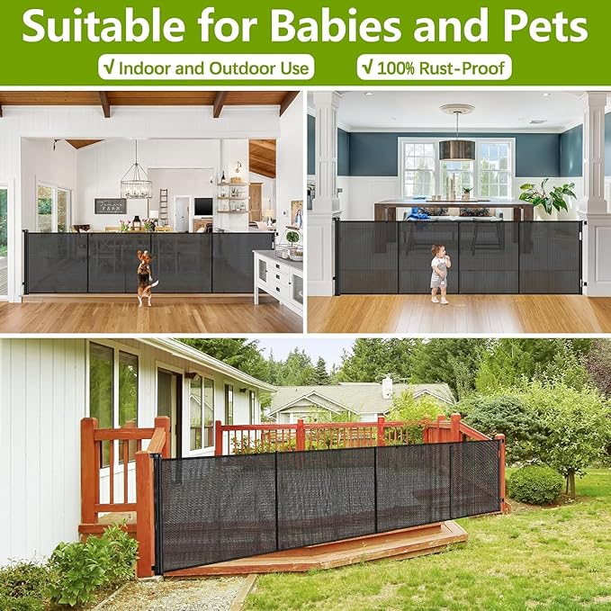 Reinforced 42" Tall 155" Wide Retractable Fence Outdoor Retractable Gate | Tall Baby Gate Garage Gates for Dogs, Space-Saving, Easy to Use, Scratch-Resistant Mesh, Safety Lock, Easy Install, Black