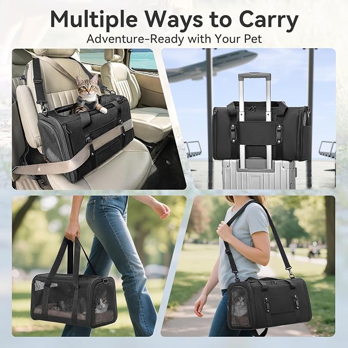 PETSFIT Cat Carrier Soft with Patented Safety Buckles, Safe for Car Travel | Lockable Zippers, Safety Tether, Escape-Resistant Pet Carrier for Vet Visits, Airline Approved Under-Seat, Up to 12 lbs