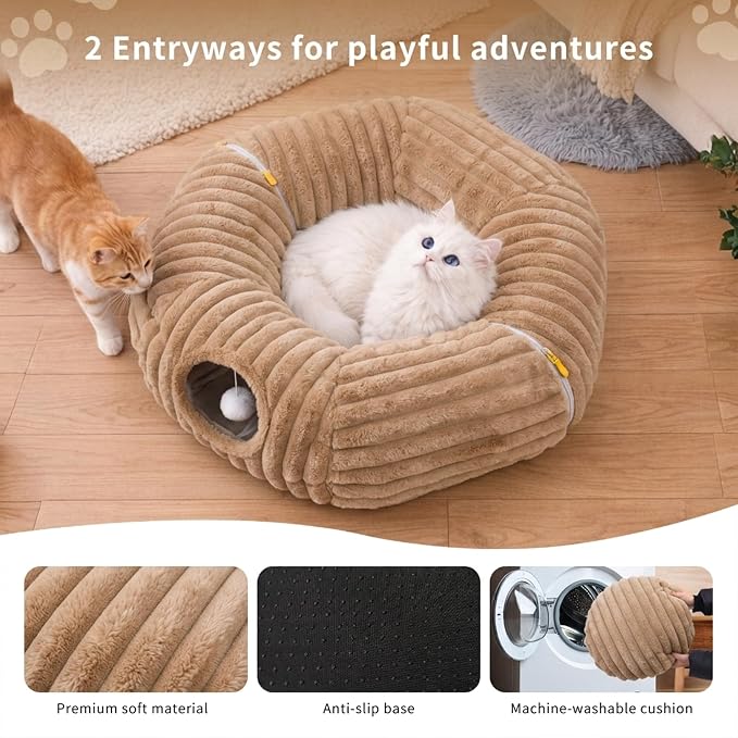 Cat Tunnel Bed Cave - Washable Cushion for Indoor Cats, Peekaboo Hideaway Cave for Indoor Cats, Kittens, Puppies, Rabbits, Luxurious Striped Hare-Feel Fabric, Tunnels for Indoor Cats Large(Khaki)